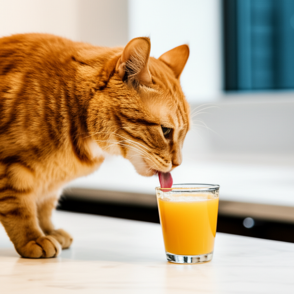 Generate a high-quality, relevant image prompt for an article about: Can Cats Drink Orange Juice? Sh