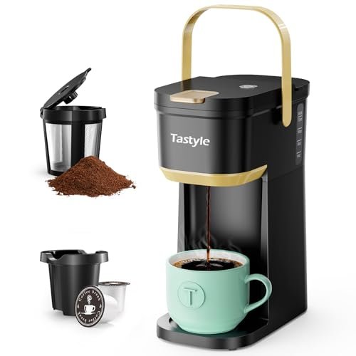 Tastyle Single Serve One Cup Coffee Maker, Pods and Grounds