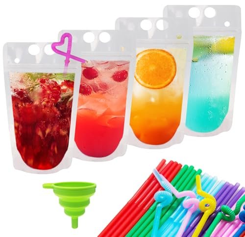 Ozera 100 Pcs Drink Pouches for Adults, Reusable with Straws